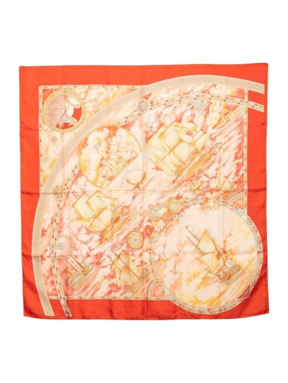 Hermes Carre 90 Magnificent Frigate Fregates Magnifiques Scarf Orange Multicolor - Picture 1 of 8